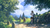 1girl bag blue_sky brown_hair cloud drinking drinking_straw forest leaning_back looking_at_viewer milk_carton nature original path pavement road scenery school_uniform shirt shoulder_bag skirt sky solo summer you_(shimizu) // 1200x675 // 868KB
