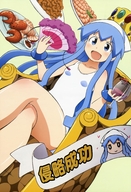absurdres blue_eyes blue_hair crossed_legs crown cupping_glass drink dutch_angle fan flat_chest food hat highres ikamusume lobster nyantype official_art one-piece_swimsuit open_mouth shinryaku!_ikamusume shrimp sitting solo swimsuit tentacles throne white_swimsuit // 4083x5967 // 4.3MB