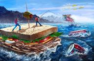 bread cheese chips coca-cola epic fishing fishing_rod food hat highres killingspr lettuce mountain ocean olive onion original oversized_object product_placement sandwich signature sky soda_can surreal tomato toothpick what // 1600x1043 // 251KB