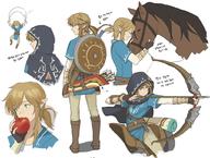 1boy aiming apple arrow blonde_hair blue_eyes boots bow_(weapon) collage earrings eating fingerless_gloves food fruit gloves hood horse jewelry knee_boots korean link mimme_(haenakk7) parachute pointy_ears quiver shield solo the_legend_of_zelda translated vambraces weapon zelda_wii_u // 1023x774 // 114KB