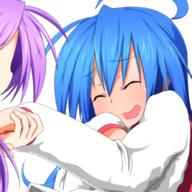 2girls birthday blue_hair confession female hand_holding happy_tears hiiragi_kagami izumi_konata lucky_star mikokoro_(konata_arctica) multiple_girls open_mouth purple_hair smile tears yuri // 1024x1024 // 804.5KB