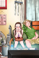 1boy 1girl blonde_hair blue_eyes blush brown_hair casual contemporary drooling gloves hair_ornament hairclip hat highres jewelry link long_hair pointy_ears potato_chips princess_zelda ring saliva sleeping smile super_smash_bros. tank_top tears television the_legend_of_zelda twilight_princess vacuum_cleaner wasabi_(legemd) wedding_ring // 1000x1500 // 190.1KB