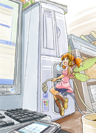 :d bike_shorts boots cable ce cellphone computer computer_keyboard fairy floating minigirl monitor open_mouth orange_hair os personification phone pointy_ears rokuman_kyuu smile solo twintails usb wings // 724x1000 // 613.6KB
