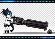 :< absurdres arm_cannon bikini_top black_hair black_rock_shooter black_rock_shooter_(character) blue_eyes flat_chest gloves glowing_eyes highres huge_weapon long_hair midriff moxi navel pale_skin pun rock scar shorts solo too_literal trembling twintails very_long_hair weapon // 3508x2480 // 3.0MB