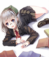 1girl accident blue_hair book book_focus book_on_head glasses loafers lying object_on_head on_stomach open_mouth original paseri pleated_skirt ribbon school_uniform shoes shoes_removed silver_hair skirt solo // 853x1000 // 548.9KB