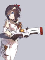 1girl :| arm_guards black_gloves blue_eyes bodysuit brown_hair choker expressionless fallout fallout_4 gloves grey_background gun hair_ribbon head_tilt holding_gun holding_weapon mechanical_arm mechanical_leg nightmaremk2 one_side_up red_ribbon ribbon shoes short_hair shoulder_pads simple_background solo synth_strider thigh_gap weapon white_shoes // 719x955 // 123KB