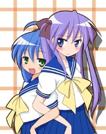 ahoge blue_eyes blue_hair green_eyes hiiragi_kagami izumi_konata lucky_star mel_(artist) purple_hair school_uniform serafuku // 683x859 // 388KB