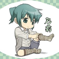 bad_id child dressing feet green_eyes green_hair hidamari_sketch nori samanda short_hair sock_pull socks twintails young // 600x600 // 253KB