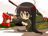 ak-47 ammunition black_hair brown_eyes chibi flag gun headband rifle school_uniform shakugan_no_shana shakugan_no_shana-tan shana shana-tan // 1024x768 // 121KB