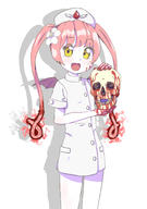 1girl :d bangs blood blood_on_face bloody_hands blush buttons commentary demon_wings ebola-chan fang flower hair_flower hair_ornament hat highres holding lips long_hair looking_at_viewer nurse nurse_cap open_mouth original pale_skin pantyhose payot personification pink_hair shadow short_sleeves skull sly_(slykick) smile solo twintails white_skin wings yellow_eyes // 1048x1487 // 242.1KB
