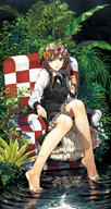1girl barefoot blue_eyes brown_hair checkered couch dress feet_in_water flower frills hair_flower hair_ornament head_wreath highres legs lips long_hair luna_(reclaimed_land) original plant smile soaking_feet solo tagme twintails water // 1067x2000 // 2.1MB