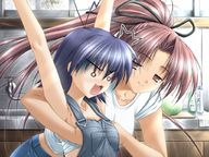 2girls :3 blue_hair breast_squeeze breasts dungarees fangs game_cg mimura_satomi multiple_girls overalls ribbon saeki_youko sakaki_maki sarashi surprised to. yuri // 1024x768 // 148.1KB