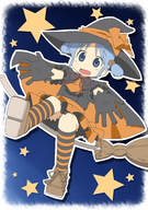 1girl absurdres alternate_costume blue_eyes blue_hair broom cape gloves hair_cubes hair_ornament hat hat_ribbon highres naganohara_mio nichijou open_mouth outstretched_arms ribbon short_hair short_twintails skirt solo star striped striped_legwear thighhighs twintails witch_hat zettai_ryouiki // 2095x2975 // 5.3MB
