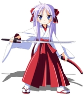 blue_eyes hiiragi_kagami japanese_clothes long_hair lucky_star miko purple_hair rindou_(awoshakushi) sword twintails weapon // 1150x1300 // 376.8KB