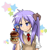 blue_eyes chibi dorinko hamburger hiiragi_kagami izumi_konata long_hair lucky_star minigirl purple_hair twintails // 1000x1071 // 539.6KB