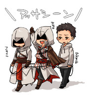 altair_ibn_la-ahad assassin's_creed assassin's_creed_ii bad_id black_hair brown_eyes cape chibi desmond_miles ezio_auditore_da_firenze gloves hood rope scar smile time_paradox // 750x800 // 139KB