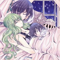 c.c. child closed_eyes code_geass family green_hair if_they_mated kiss lelouch_lamperouge meimi purple_hair sleeping // 600x600 // 200.3KB