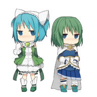 2girls animal_ears bloomers blue_eyes blue_hair blush cape cat_ears chibi chitose_yuma cosplay costume_switch detached_sleeves gloves green_hair knt31 magical_girl mahou_shoujo_madoka_magica mahou_shoujo_oriko_magica miki_sayaka multiple_girls short_hair short_twintails simple_background skirt twintails white_gloves // 737x737 // 213.0KB