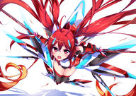 1girl black_legwear genderswap gradient_hair hair_ornament highres long_hair looking_at_viewer minamon_(vittel221) mitsuka_souji multicolored_hair open_mouth ore_twintail_ni_narimasu red_eyes red_hair simple_background solo sword tail_red twintails very_long_hair weapon white_background // 1605x1133 // 1.5MB