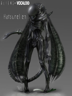 abubu alien alien_(movie) carapace claws hatsune_miku highres parody simple_background spring_onion tail teeth twintails vocaloid xenomorph // 900x1200 // 281.5KB