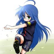 1girl blue_hair green_eyes izumi_konata long_hair lucky_star mizushima_(p201112) soccer_uniform // 800x800 // 335.9KB