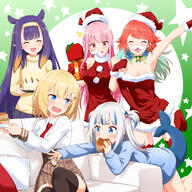 5girls ^_^ ^o^ absurdres alternate_costume animal_ears aqua_hair arm_up bangs bare_legs bare_shoulders black_legwear blonde_hair blue_eyes blue_hair blue_sweater blush box breasts brown_skirt casual christmas cleavage closed_eyes collared_shirt commentary couch cowboy_shot dress dress_shirt drink earrings eating english_commentary eyebrows_visible_through_hair fake_facial_hair fake_mustache fang feather_earrings feathers felutiahime fish_tail flat_chest food food_theft fur-trimmed_dress fur-trimmed_gloves fur-trimmed_headwear fur_trim gawr_gura gift gift_box gloves gradient_hair green_background hair_ornament hairband hamburger hat highres holding holding_tray hololive hololive_english holomyth huge_filesize jewelry locked_arms long_hair long_sleeves medium_breasts mori_calliope multicolored_hair multiple_girls necktie ninomae_ina'nis off-shoulder_dress off_shoulder open_mouth orange_hair pink_hair plaid plaid_skirt plate pleated_skirt pocket_watch pointy_ears pom_pom_(clothes) purple_hair purple_skirt reaching red_eyes red_gloves red_headwear red_neckwear ribbed_sweater santa_costume santa_dress santa_hat shark_hair_ornament shark_tail shirt short_hair short_twintails silver_hair simple_background sitting skirt sleeveless sleeveless_dress smile starry_background straight_hair streaked_hair sweatdrop sweater tail takanashi_kiara tentacle_hair thighhighs tray twintails twitter_username two-tone_hair virtual_youtuber watch watson_amelia wing_collar yellow_sweater zettai_ryouiki // 4800x4800 // 10.7MB