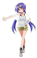 alternate_costume alternate_hairstyle bare_shoulders bespectacled blue_eyes casual collarbone glasses hand_on_hip hiiragi_kagami legs long_hair long_legs low_twintails lucky_star pleated_skirt purple_hair see-through simple_background skirt smile solo takeya_yuuki toes tsurime twintails // 314x500 // 84.5KB
