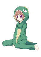 1girl animal_costume barefoot blush costume dinosaur meito_(maze) original purple_eyes sitting solo // 571x800 // 157KB
