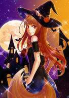 1girl absurdres animal_ears bare_shoulders bat blush brown_hair castle dress full_moon halloween hat highres holo looking_at_viewer moon night red_eyes smile solo sparkle spice_and_wolf syrinxwell311 tail witch_hat wolf_ears wolf_tail // 2480x3507 // 2.9MB