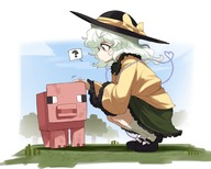 1girl ario blush bow check_translation commentary crossover frilled_skirt frilled_sleeves green_eyes hat hat_bow komeiji_koishi long_sleeves mary_janes minecraft nature pig shoes silver_hair skirt solo squatting touhou wavy_hair white_legwear wide_sleeves // 960x768 // 599.7KB