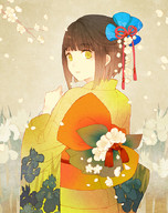 blunt_bangs conronca floral_print flower hair_flower hair_ornament japanese_clothes kimono looking_back original petals short_hair yellow_eyes // 713x900 // 187.1KB