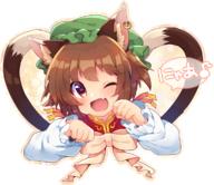 1girl ;d animal_ears blush brown_hair cat_ears cat_tail chen fang hat heart heart-shaped_pupils jewelry looking_at_viewer multiple_tails one_eye_closed open_mouth paw_pose red_eyes short_hair simple_background single_earring smile solo symbol-shaped_pupils tail touhou translated transparent_background usamata // 1154x1000 // 1.0MB