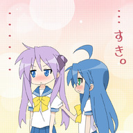 blue_eyes blue_hair eunos green_eyes hiiragi_kagami izumi_konata long_hair lucky_star purple_hair school_uniform serafuku shirt_tug sleeve_tug twintails // 1024x1024 // 537KB