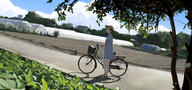 1girl basket bicycle brown_eyes brown_hair building hat highres morifumi original scenery sky solo tree // 2143x1000 // 499KB