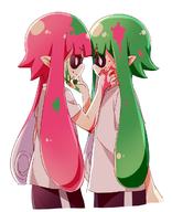 2girls eye_contact green_eyes green_hair hand_on_another's_cheek hand_on_another's_face highres ink ink_on_face inkling looking_at_another mask multiple_girls namori open_mouth pink_hair red_eyes shirt simple_background splatoon t-shirt tentacle_hair white_background white_shirt yuri // 990x1221 // 120.7KB