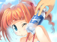 andou_chikanori blue_eyes idolmaster pocari_sweat short_hair takatsuki_yayoi twintails water_bottle wink // 800x600 // 88KB