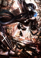 arm_cannon black_hair black_rock_shooter black_rock_shooter_(character) blue_eyes boots chain coat glowing_eyes instocklee long_hair shorts solo twintails weapon // 700x989 // 392KB