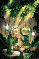 1boy 1girl :d artist_name bangs belt blonde_hair boots closed_eyes earrings forest from_side full_body green_boots green_hair hairband head_wreath in_tree jewelry juby leaf light_rays link long_sleeves nature navi open_mouth parted_bangs pointy_ears profile saria short_hair sitting sitting_in_tree smile sunbeam sunlight the_legend_of_zelda the_legend_of_zelda:_ocarina_of_time tree tunic // 700x1065 // 313.8KB