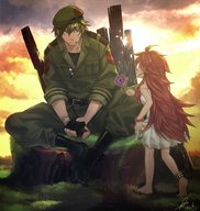 bandages beard beret boots cigarette dog_tags dress fingerless_gloves flaky flippy flower gloves green_hair happy_tree_friends hat highres jewelry kaboom_(mattsuo) long_hair military military_uniform necklace personification red_hair smoking tears uniform very_long_hair yellow_eyes // 1745x1838 // 4.3MB