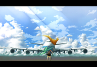 airplane cloud flag from_behind green_hair hatsune_miku haz_first_music highres letterboxed long_hair skirt sky solo twintails very_long_hair vocaloid // 2000x1400 // 1.9MB