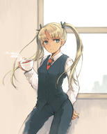 1girl blonde_hair blue_eyes business_suit cup gunslinger_girl necktie shiina_aya solo triela twintails vest // 680x850 // 410.3KB