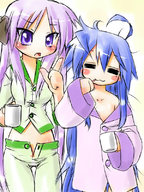ahoge blue_hair blush brushing_teeth cosplay costume_switch hiiragi_kagami izumi_konata kogaku_kazuya long_hair lucky_star pajamas purple_eyes purple_hair // 600x800 // 207.3KB