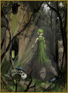 bad_end forest green_hair hair_over_eyes highres instrument link master_sword nature ocarina overgrown pointy_ears saria skeleton sword th01 the_legend_of_zelda tree tree_stump triforce vines weapon // 1000x1359 // 436.2KB