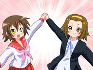 2girls brown_hair crossover hairband holding_hands k-on! kusakabe_misao lucky_star multiple_girls ribbon school_uniform serafuku tainaka_ritsu yagami_(artist) // 1024x768 // 171KB