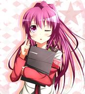 1girl blush ehimedaisuki highres open_mouth ponytail purple_eyes purple_hair school_uniform serafuku solo sugiura_ayano wink yuru_yuri // 1360x1500 // 1.8MB