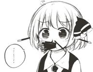  1girl ahoge collared_shirt food_in_face food_in_mouth hair_ribbon in_nose jagabutter monochrome pocky ribbon rumia shirt short_hair solo tareme touhou vest you're_doing_it_wrong // 609x475 // 127.1KB