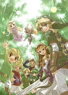 black_eyes blonde_hair blue_eyes brown_hair crossover earrings fairy green_hair hat helmet jewelry linebeck link long_hair master_sword midna multiple_persona nature nintendo ocarina_of_time pointy_ears princess_zelda red_eyes riolabo saria smile sword tetra the_legend_of_zelda toon_link twilight_princess weapon wind_waker wink young_link // 800x1119 // 231.5KB