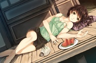 1girl bare_shoulders barefoot breasts brown_eyes brown_hair camisole cleavage collarbone dutch_angle face food fruit hands katori_buta looking_at_viewer lying off_shoulder on_side original paseri pillow plate skirt solo strap_slip veranda watermelon // 1000x651 // 215KB