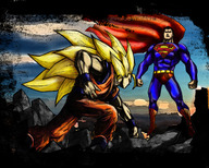black_hair blonde_hair cape crossover dc_comics dragon_ball dragon_ball_z epic long_hair manly son_goku super_saiyan superman // 1280x1024 // 1.2MB