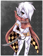 1boy absurdres argyle argyle_legwear armband belt capelet chain crystal earrings elbow_gloves facial_mark fang ghirahim gloves hair_over_one_eye highres jewelry male midna01 navel pointy_ears red_eyes skyward_sword solo standing sword the_legend_of_zelda vest weapon white_hair white_skin // 2072x2712 // 2.8MB